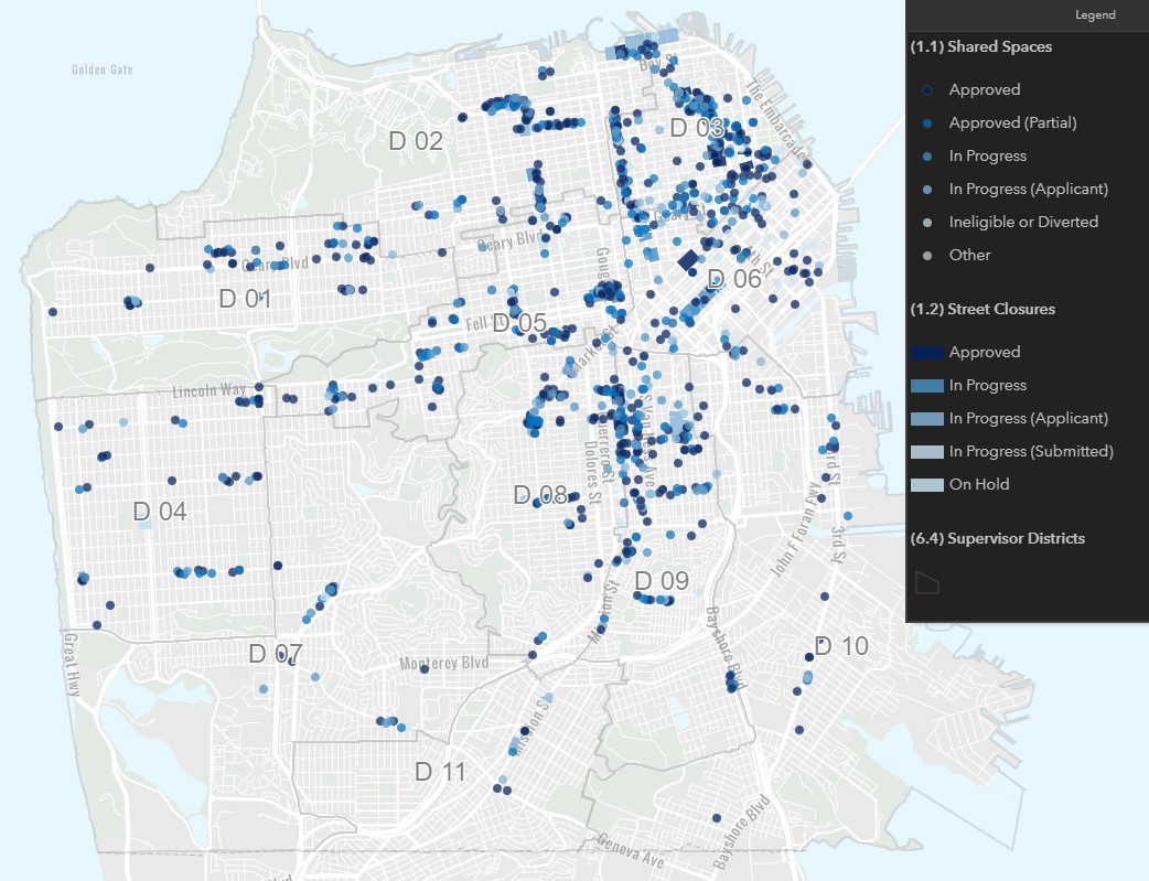 A static image of the new Shared Space interactive map showing shared spaces around San Francisco