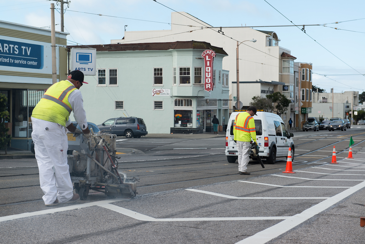 Striping on Taraval benefiting the L Taraval train.