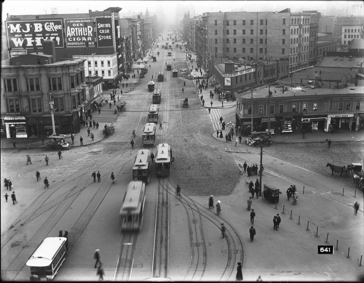 overhead view of cable cars on market street with pedestrians