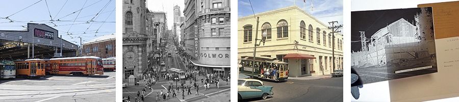 A collage of several views of San Francisco transit over the years, including modern streetcars and historic scenes of downtown and the cable car barn.