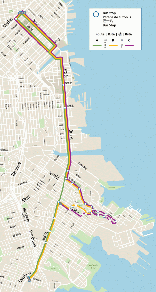  A map with the three route alternatives represented by options A,B and C.