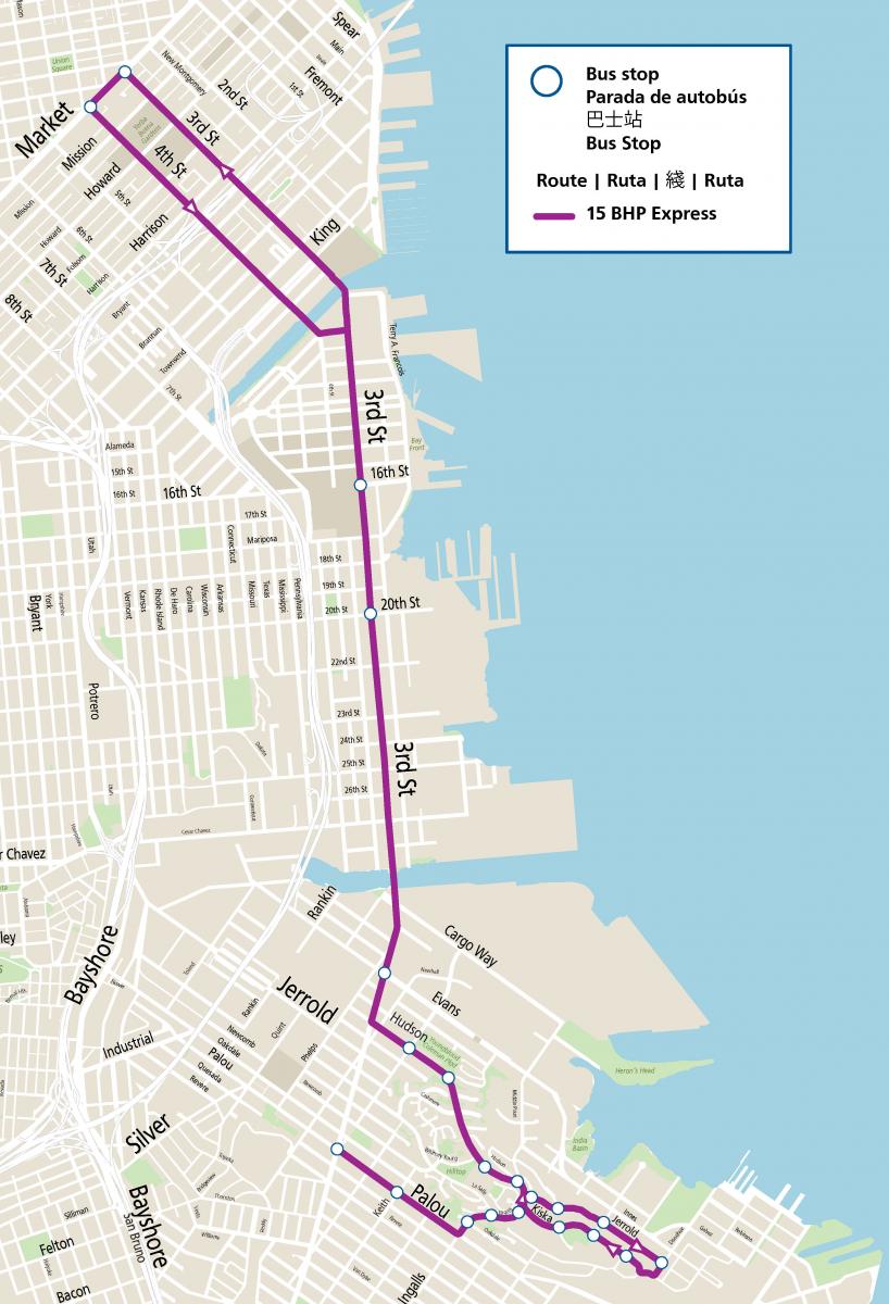 Map of new 15 Bayview Hunters Point Express route, the purple line from Bayview to Downtown shows the new route making stops east of 3rd Street before heading inbound via 3rd Street and on 4th Street in the outbound direction. 