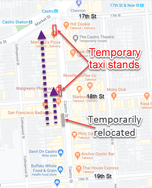 Map of two temporary taxi stands on Castro Street between 17th and 18th Street
