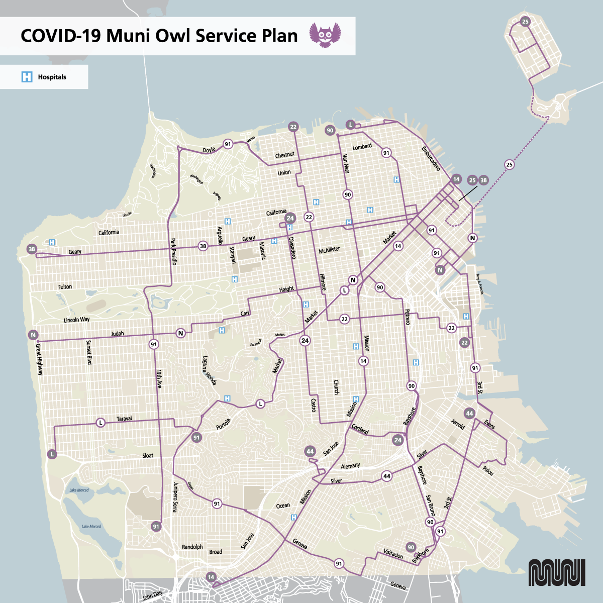 Muni Owl system map effective April 8 2020 in response to COVID-19. These routes operate from 10pm to 5am.