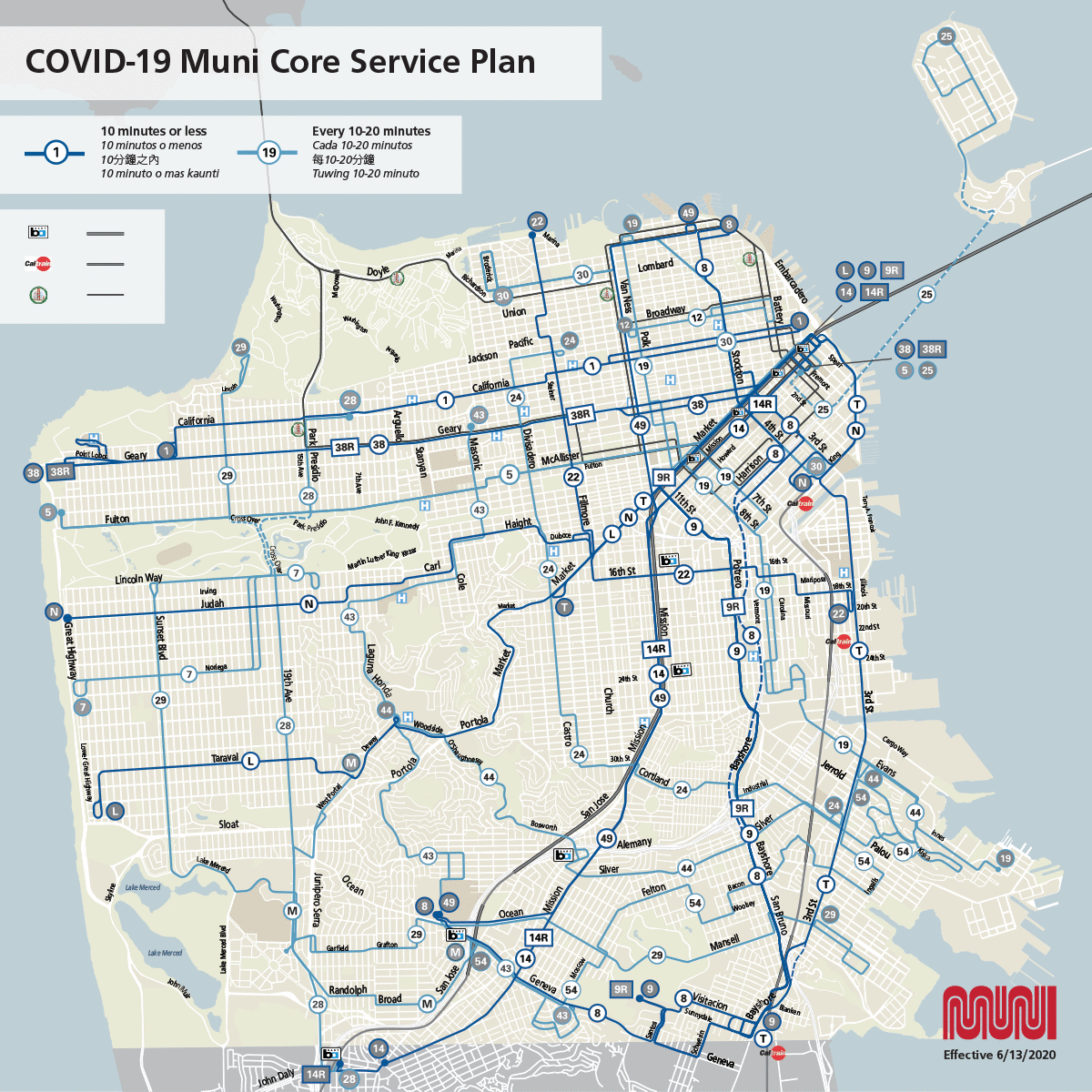 Map of COVID-19 Muni Core Service Plan. Golden Gate Transit is now picking up and dropping off passengers within San Francisco