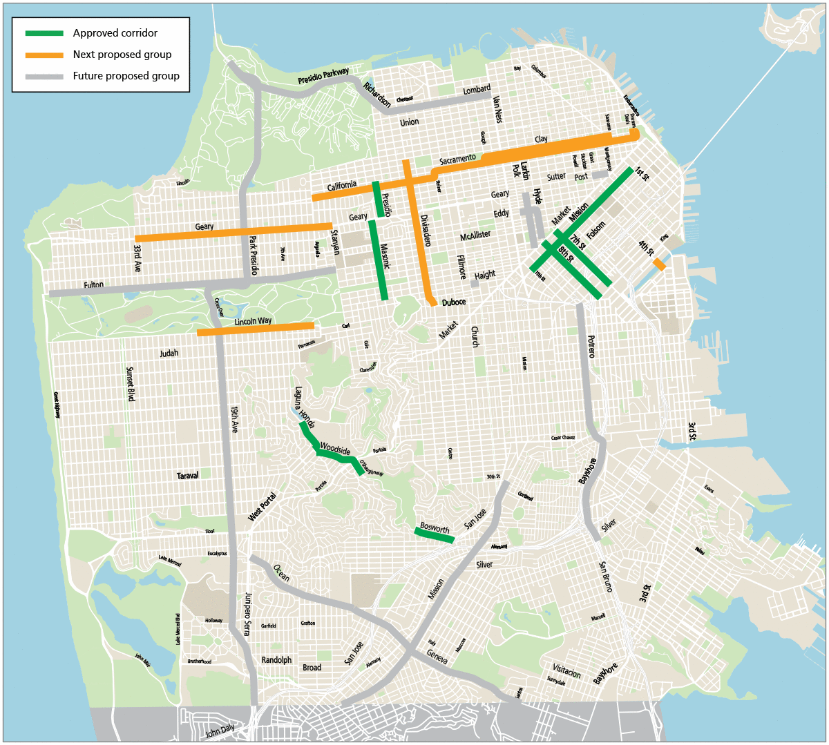 Map of approved and proposed temporary emergency transit lanes. Next proposed corridors include Geary Boulevard, Lincoln Way, Divisadero, 4th Street, and California/Clay/Sacramento 