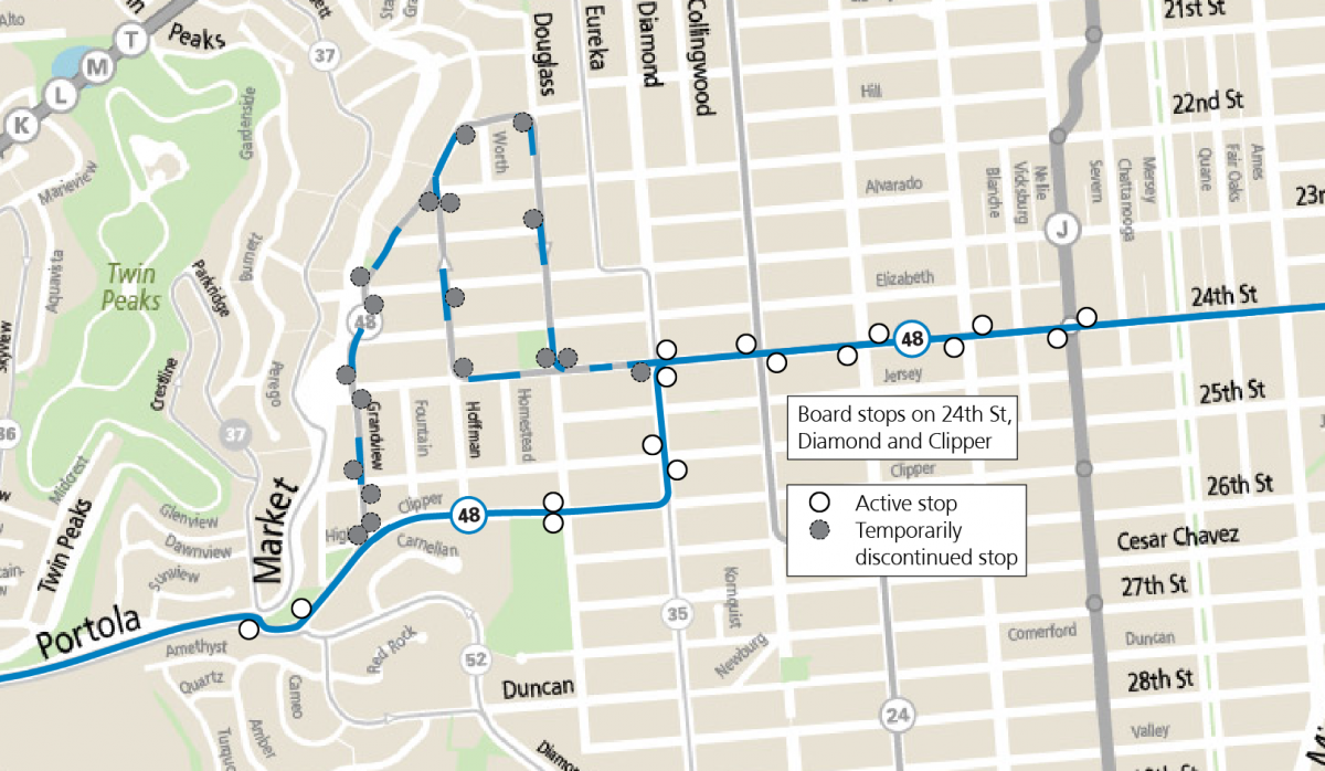 Map of 48 reroute through Diamond Heights and Noe Valley. From 24th St going west, the reroute will go south on Diamond St, west on Clipper St to Portola Drive. From Portola Drive going east, the reroute will turn onto Clipper St, north on Diamond St and right onto 24th St.