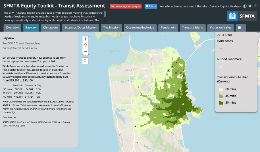 Image from SFMTA’s Equity Toolkit showing information for the Bayview neighborhood since shelter in place began