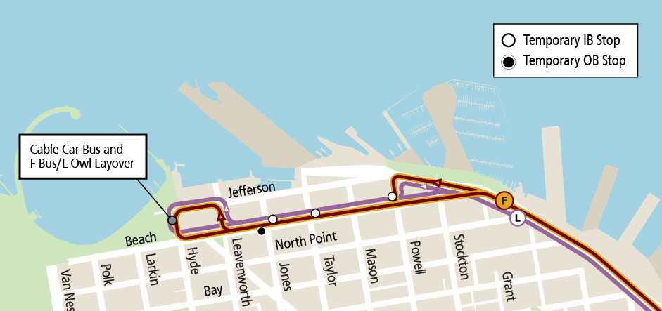 Map of F Bus and L Owl temporary extension to Hyde St