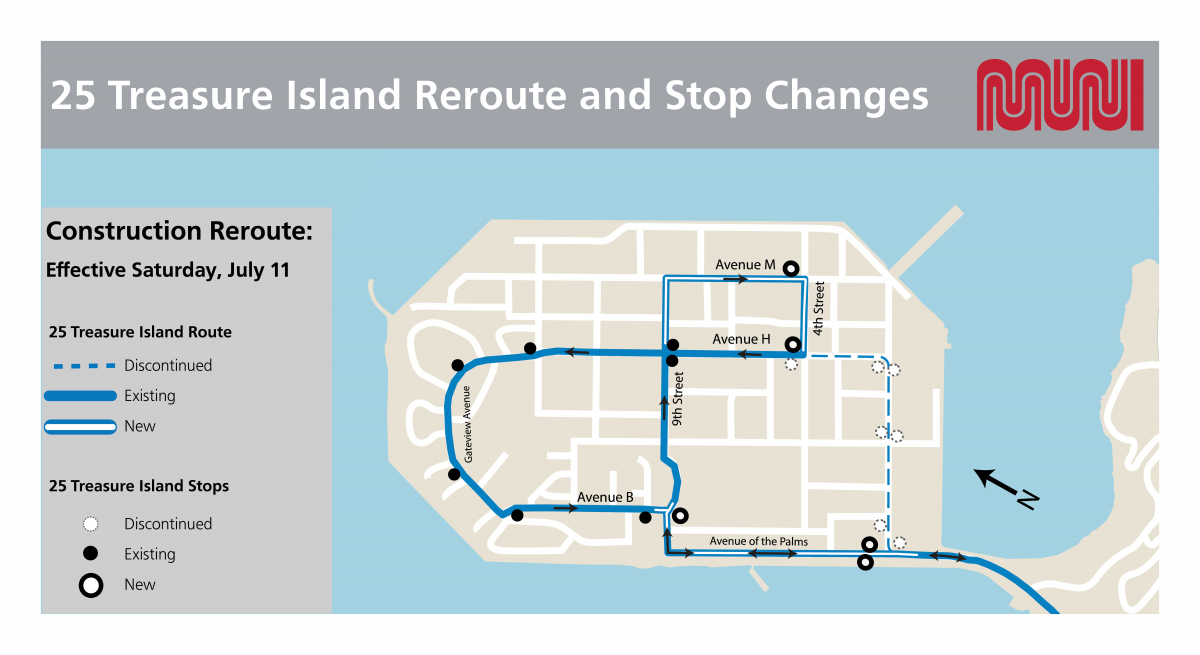 Map showing the construction reroute, missed stops and temporary stops on Treasure Island