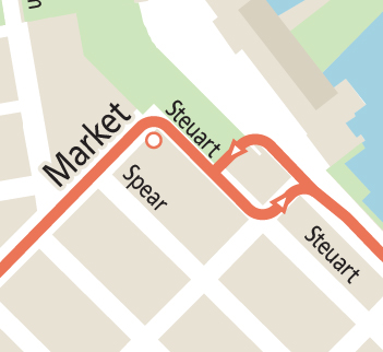 Map of new inbound stop for KT Bus and N Bus on Market, before Steuart