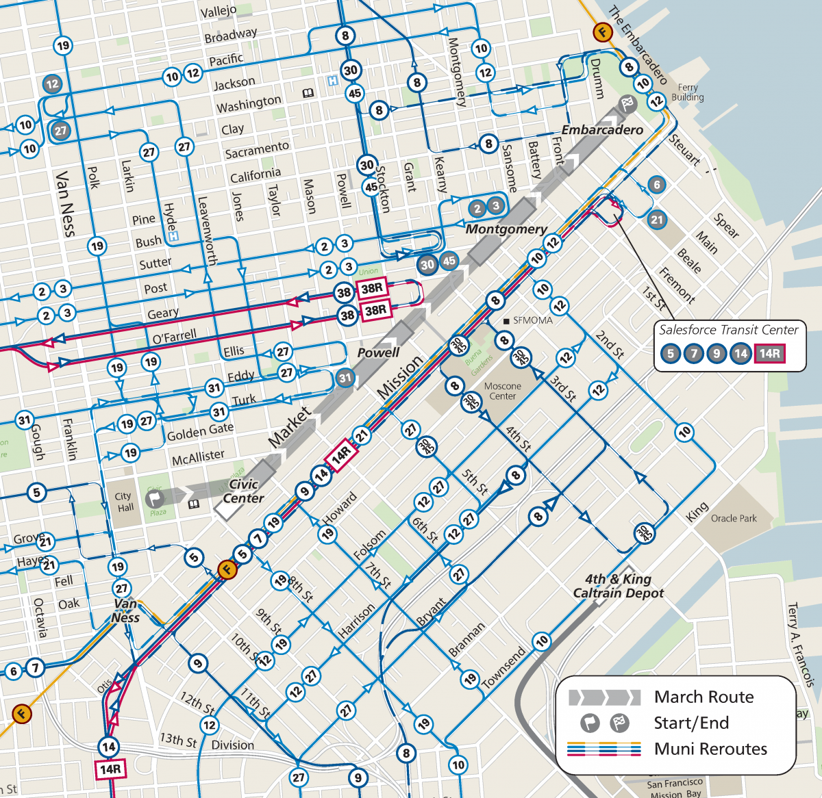 Map of Muni Reroutes for Women's March 2020