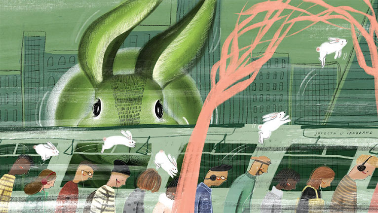 Illustration of a giant rabbit behind a speeding train filled with passengers