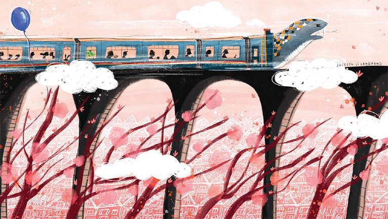 Drawing of a train with a snake's head running atop a bridge