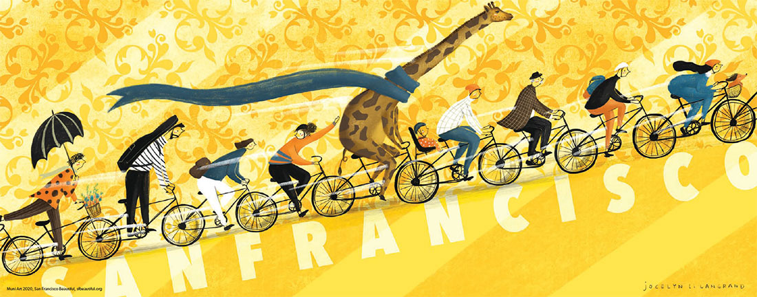 Image of Jocelyn Li Langrand's illustration of bikers, people plus a giraffe, riding up a hill with "San Francisco" written upon it