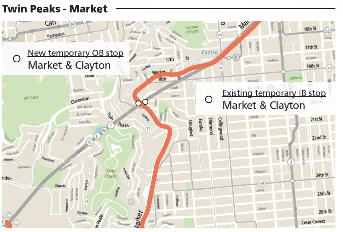 Map showing temporary L Bus stops at Market and Clayton