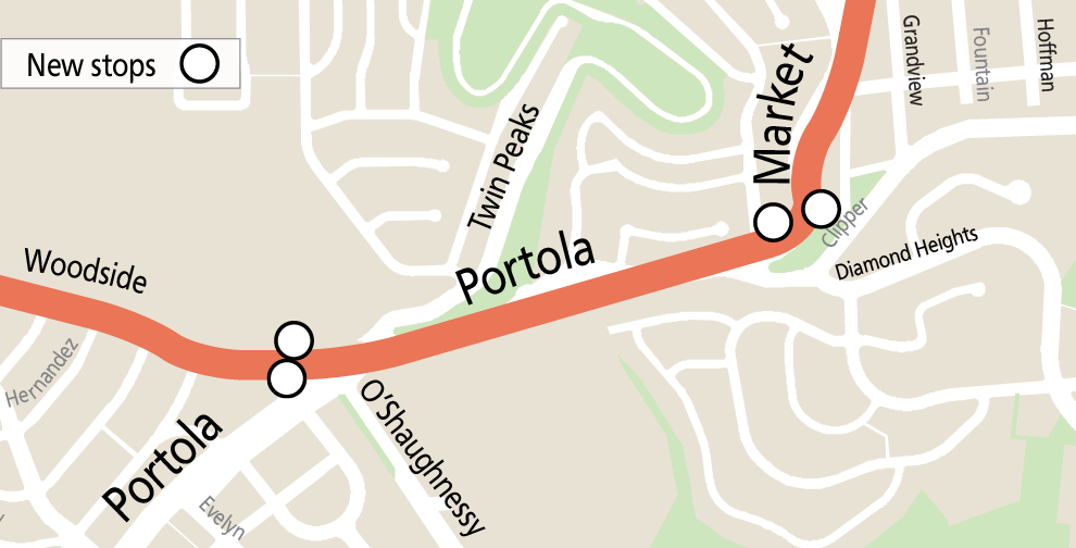 Map of L Bus Stops along Portola in the Twin Peaks neighborhood