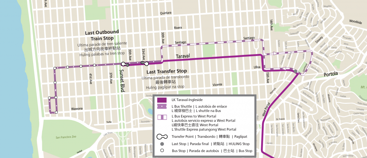 Route map for the L Taraval Construction Shuttle Bus between SF Zoo and 32nd Ave and express service to West Portal Station.