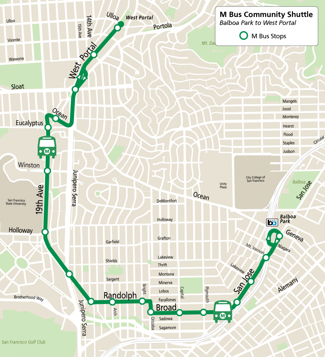 Map of M Bus service between the Balboa Park and West Portal