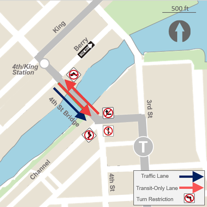 Map of project area showing proposed  transit lane southbound on 4th Street Bridge and transit lane northbound, with no left turns at Berry, and no left turns at Channel