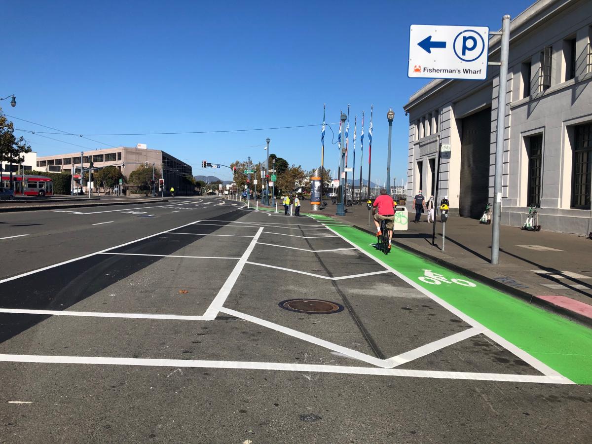 New protected bikeway in front of Pier 35 on The Embarcadero between Bay and North Point streets