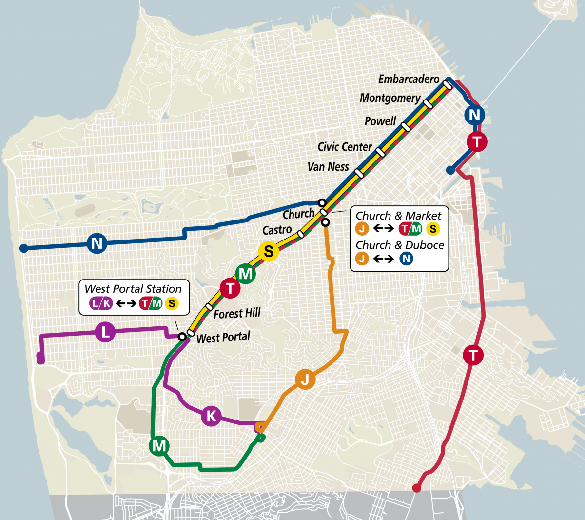 Map of modified Muni Metro lines starting service on August 22, 2020.