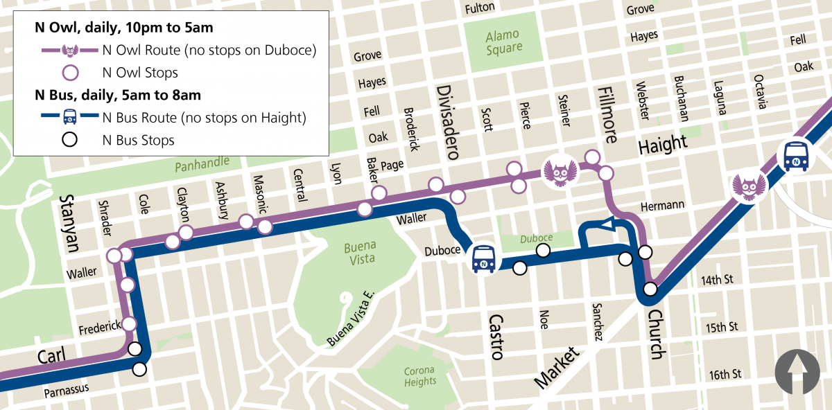 Map of N Owl and N Bus routes and stop between Market St and the Haight