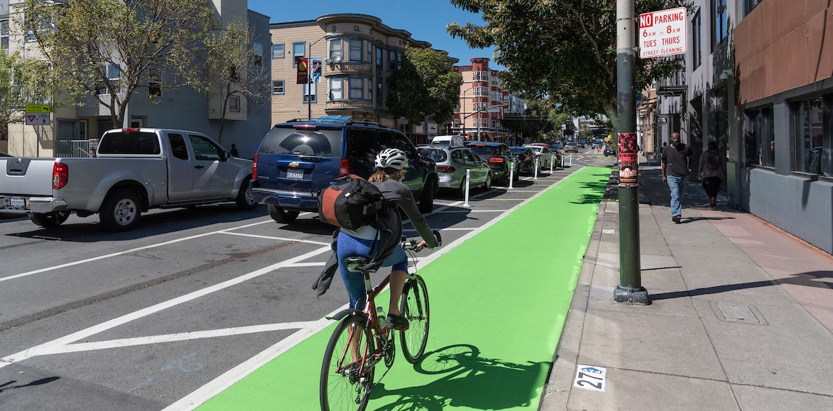 freshly painted bike path on Valencia