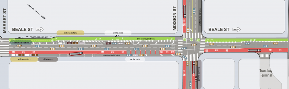 conceptual design of green bike lane, red transit lane, location of bikeshare station, white zones and yellow meters 