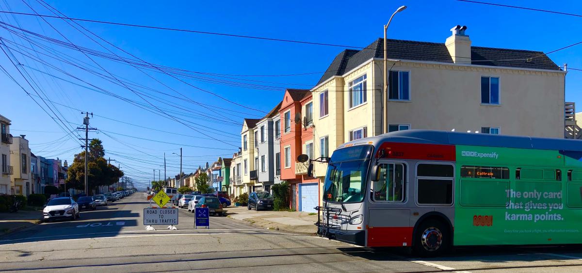 Slow Streets closed sign and N Judah shuttle