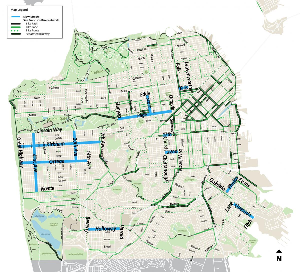 map showing slow street possible streets with bike paths