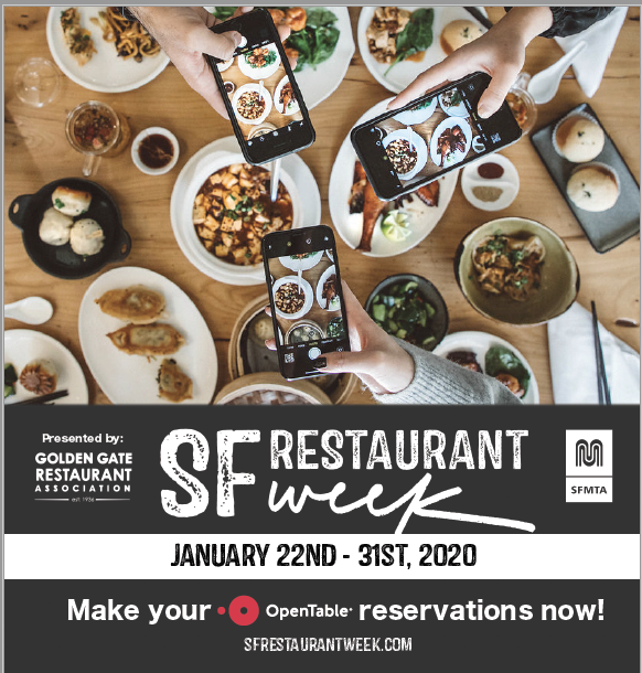 Add for SF Restaurant Week January 22-31. Image a table full of food with phones hovering above ready to take pictures.