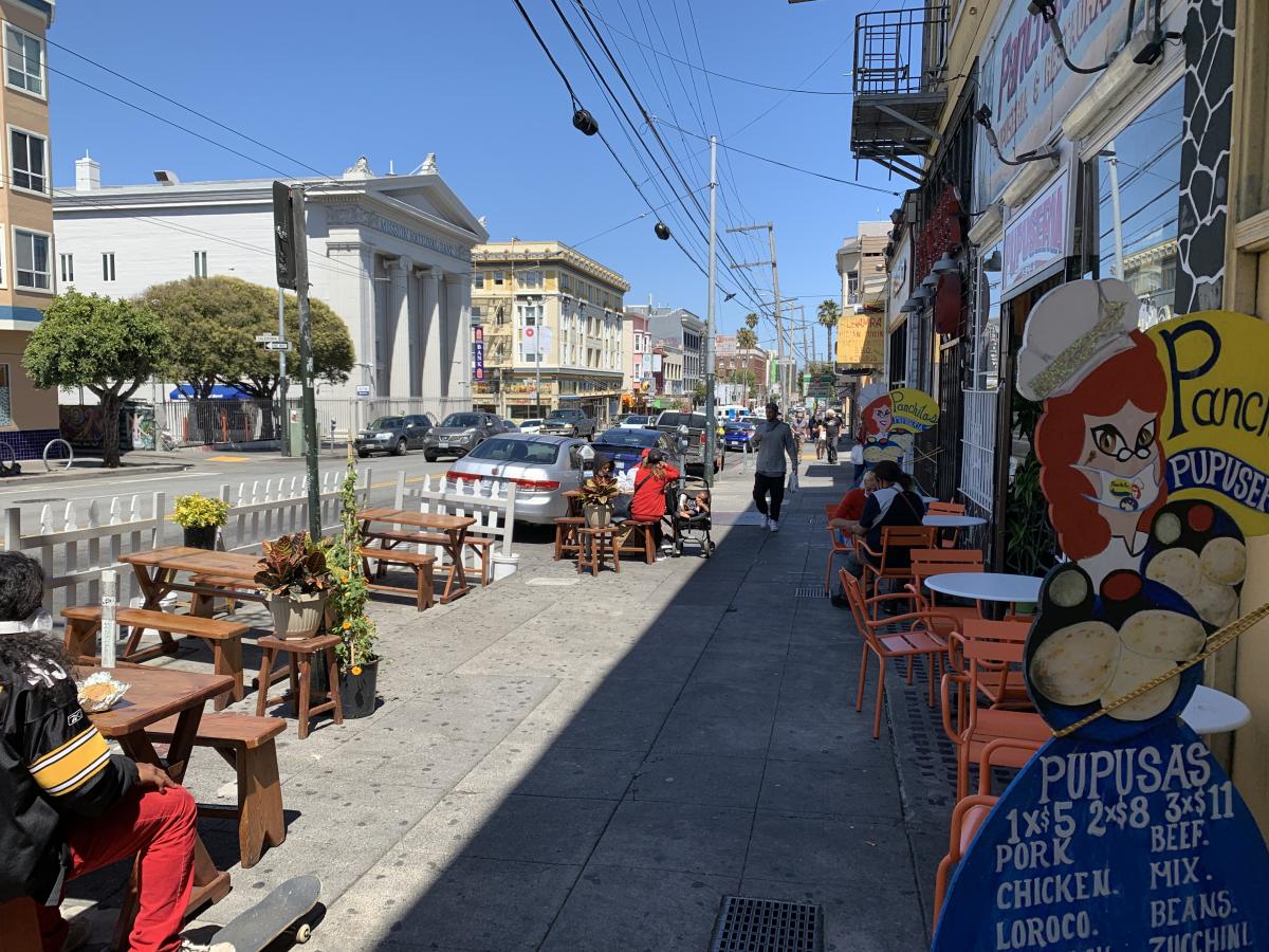 Shared Spaces program on the sidewalk and parking lane at Panchita's