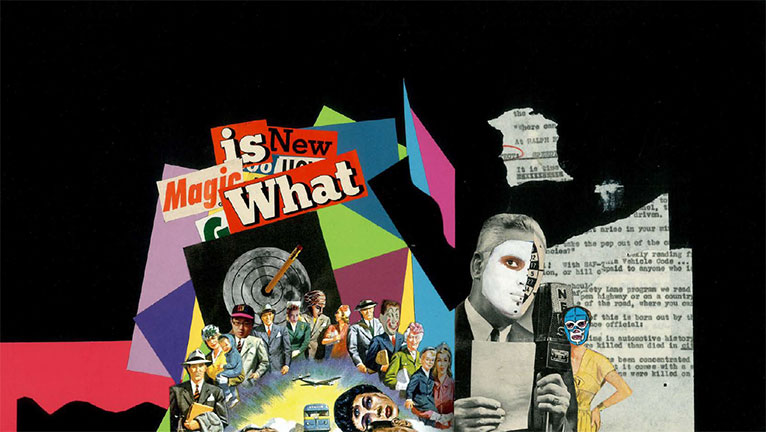 Collage of images including a reporter with a mask, various people, and the words "What magic is new"