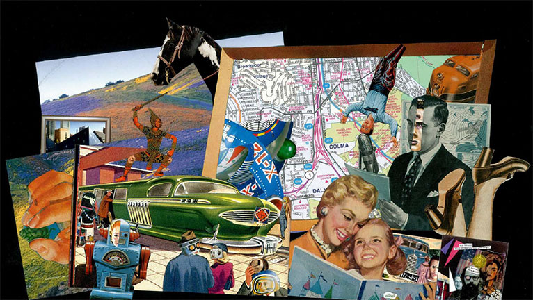 Collage of images including a horse, a train, and people