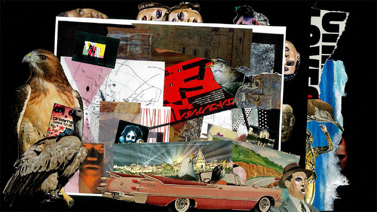 Collage of content including a hawk, a vulture, a convertible car, and drawings of various people