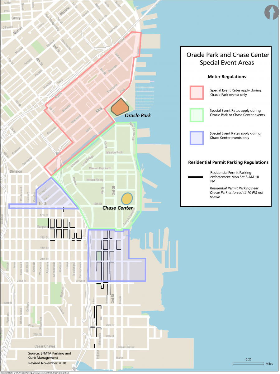 Oracle Park and Chase Center Special Event Areas Meter regulations; Special event rates apply during Oracle Park events only in area bounded by King, The Embarcadero, Bryant, 5th, Berry, China Basin, 3rd. Special event rates apply during Oracle Park or Chase Center events in area bounded by China Basin, Terry A Francois, Mariposa, and 7th. Special event rates apply during Chase Center events only in two areas; first, bounded by 7th, 16th, Carolina, and Channel, plus 16th Street west to Vermont; second, bounded by Mariposa, I-280, 22nd St, and the east extents of all streets in this area. Residential permit parking regulations: Residential permit parking enforcement Monday to Saturday, 8 am to 10 pm in areas X and EE, in the area south of 17th and north of 18th between Pennsylvania and Arkansas and the area east of Indiana and west of Illinois between Mariposa and 22nd, as well as Indiana and Minnesota between 23rd and Cesar Chavez.