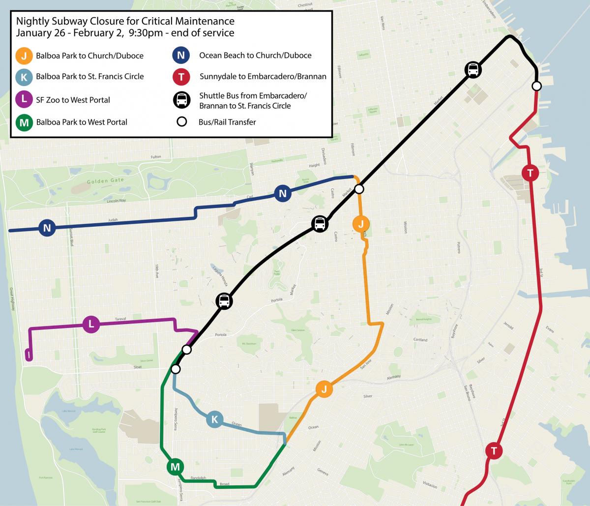 Map of Muni Metro system during nightly subway shutdowns, from 9:30 p.m. to close.