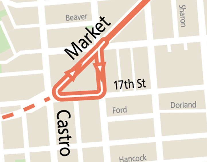 Map showing Castro terminal loop for the T Bus: From Market St outbound, loop starts left on Noe, right on 17th St, right on Market to inbound route.