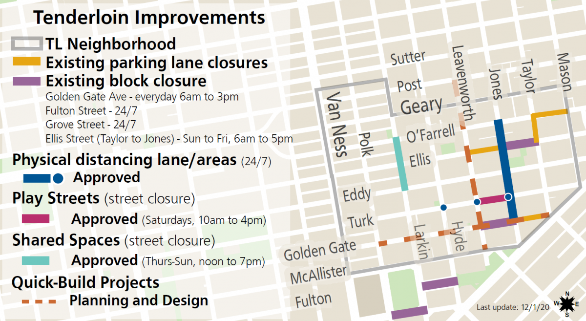 Map showing the Tenderloin, existing parking lane closures shown in yellow - O'Farrell from Mason to Leavenworth, existing block closure shown in purple - Ellis from Jones to Golden Gate, physical distancing lanes in blue - Jones from O'Farrell to Golden Gate, play streets on Turk from Leavenworth to Jones, shared spaces in light blue - on Larkin from O'Farrell to Eddy, quick-build shown with brown dotted line on Golden Gate from Polk to Taylor and Leavenworth from Post to McAllister