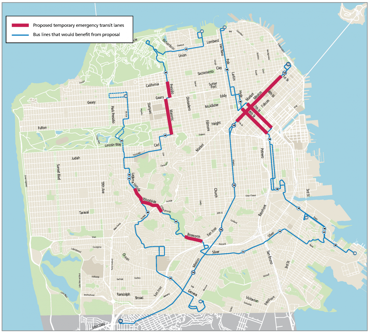 Map of proposed temporary emergency transit lanes