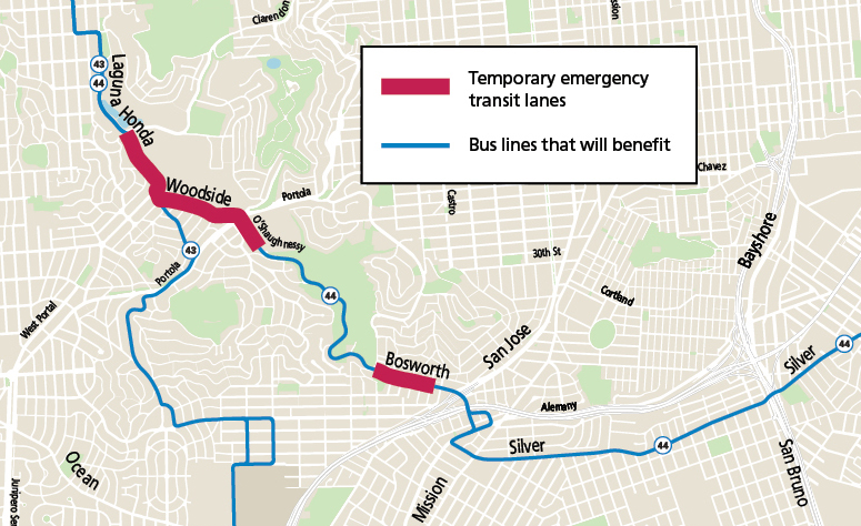 Map of temporary emergency transit lanes on Laguna Honda, Woodside, O'Shaughnessy and Bosworth