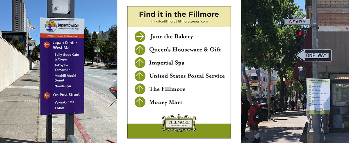 Image of wayfinding signs for Japantown and the Fillmore to support businesses during the bridge demolition
