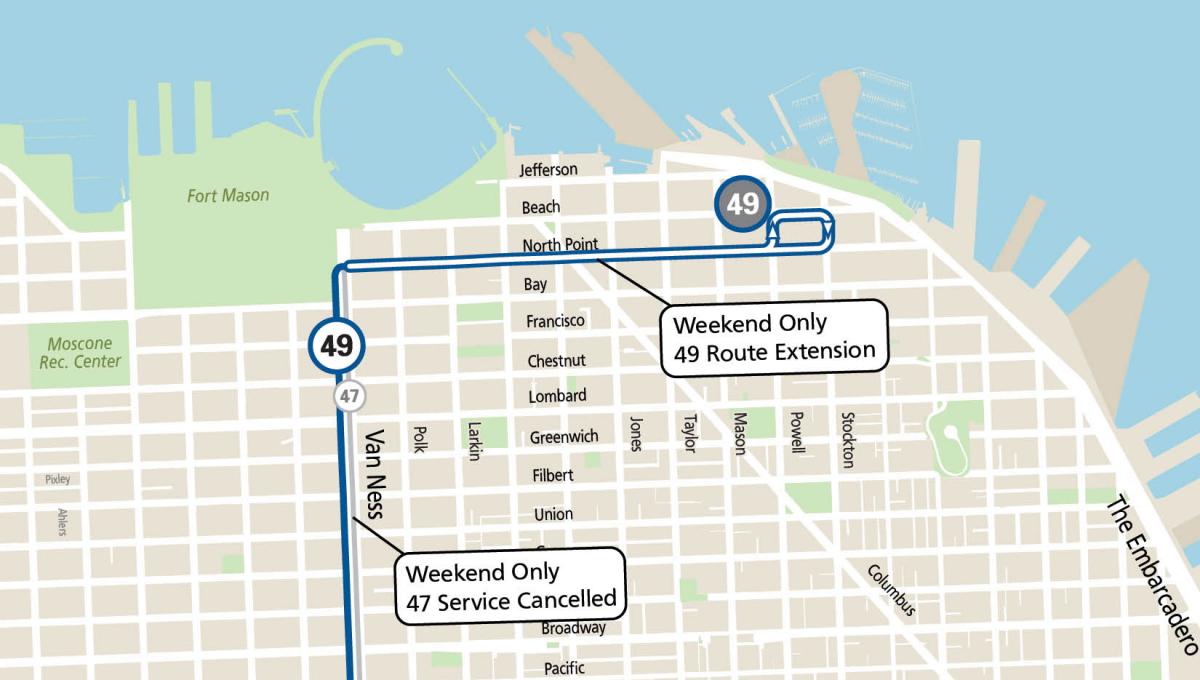 Map showing the 49 extension that covers the northern segment of the 47 between North Point and Fisherman’s Wharf on weekends