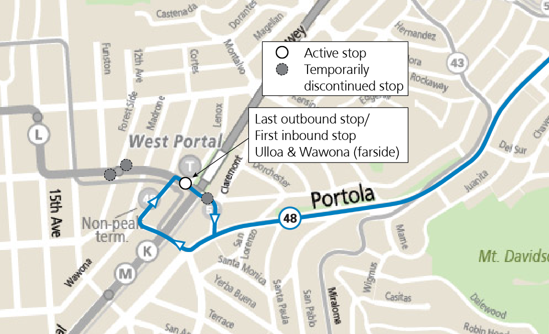 Map of 48 loop at West Portal Station. Going southwest on Portola, the loop will go west on Vicente, north on Wawona, and east on Ulloa to the last stop.