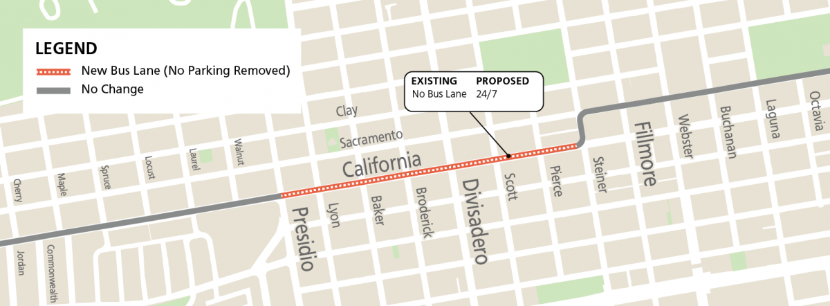 Map of the western side of the approved 1 Cal TETL project, showing a new temporary bus lane between Presidio and Steiner