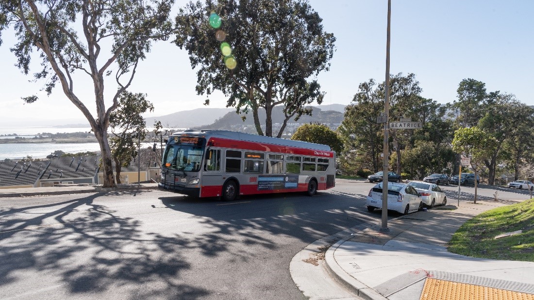 Muni’s 15 Bayview Hunters Point Express bus traveling in the Bayview neighborhood.