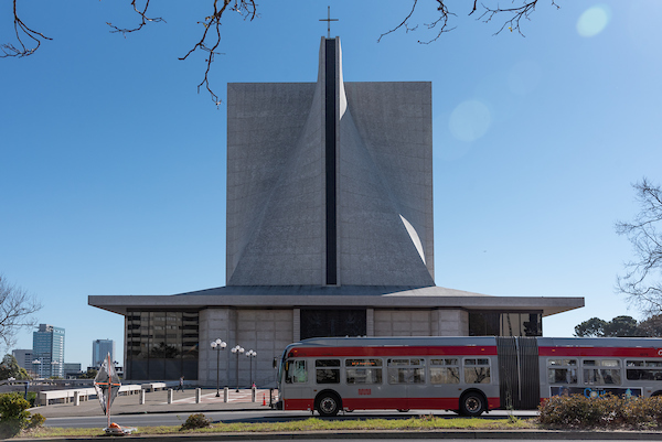    Photo: Geary bus passing Cathedral of Saint Mary eastbound along Geary at Gough.  