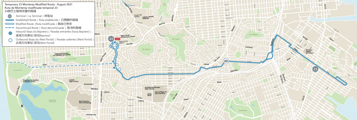 Map of the entire 23 Monterey route showing the temporary service changes