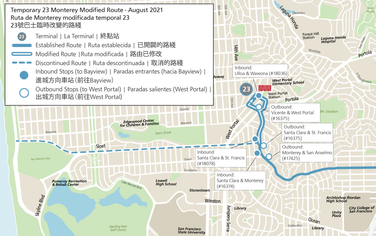 Map of the 23 Monterey service modification, showing the discontinued route segment along Sloat Blvd and the new temporary terminal at West Portal Station